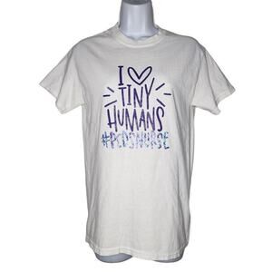 Gildan Women Tops, White "I Love Tiny Humans" Pediatric Nurse Tee T-Shirt, Sz S